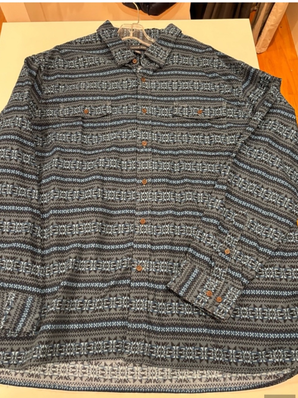 Lands’ End Mens Aztec Print Button Front Shirt Blue Grey Baumwolle Cabincore XXL